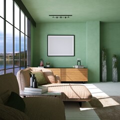 Fototapeta premium Modern Living Room with White Planks Floors, Cozy Sofa, Minimal Decorations, Empty Frame Mockup and Lake View on Window