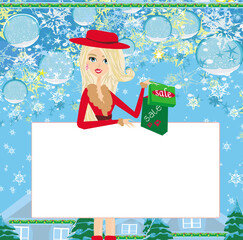 Beautiful girl on Christmas shopping - card