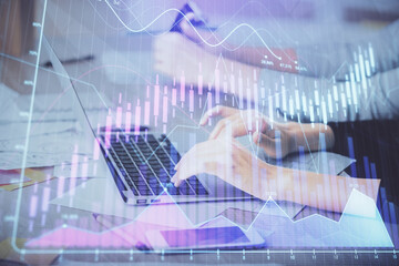 Multi exposure of woman hands typing on computer and financial chart hologram drawing. Stock market analysis concept.