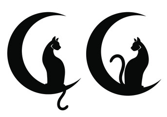 Vector illustrations, two cats sitting on crescent Moons. Black silhouettes drawn on a white background. Tattoo, creative logo, wall decals, artwork, minimalist wall art, poster design © Vera