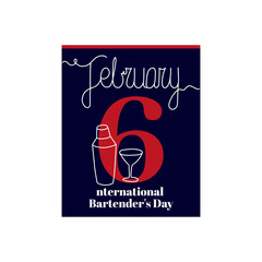 Calendar sheet, vector illustration on the theme of International Bartender's Day on February 6. Decorated with a handwritten inscription - FEBRUARY and bartender accessories.