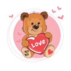 Obraz na płótnie Canvas Cute teddy bear holding a heart with the inscription love isolated. Valentine's Day card. Vector cartoon illustration