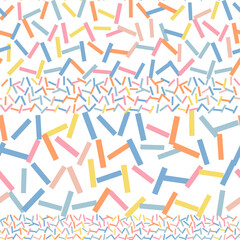 Geometric vector seamless pattern with simple shapes. Rows of lines in pastel colors on white background.