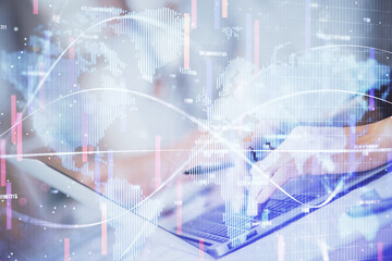 Double exposure of woman hands typing on computer and business theme hologram drawing. Success concept.