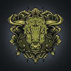 artwork  illustration and t-shirt design bull head engraving ornament premium vector