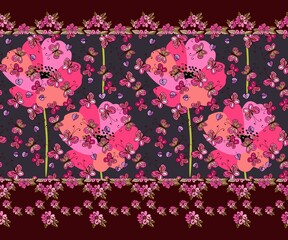 A beautiful horizontal border with tiny fluttering butterflies and flying leaves against the backdrop of huge pink poppies and a garland of small flowers. Summer print for fabric.