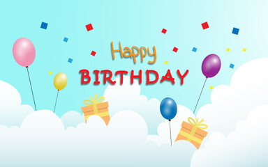 HAPPY BIRTHDAY CARD TEMPLATE, BIRTHDAY CARD WITH BALLOON AND CLOUD DECORATION VECTOR ILLUSTRATION