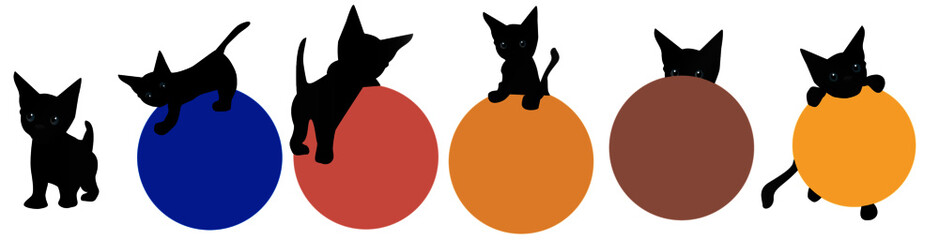 Set of illustrated playing black kitten with colorful balls. 