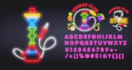 Obraz na płótnie Canvas Hookah lounge neon sign. Hookah with smoking hose on brick wall background. Vector illustration in neon style for oriental restaurant and club