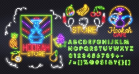 Hookah lounge neon sign with neon fruits. Hookah with smoking hose on brick wall background. Vector illustration in neon style for oriental restaurant and club