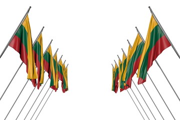 wonderful labor day flag 3d illustration. - many Lithuania flags hanging on diagonal poles from left and right sides isolated on white