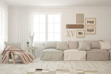 White living room with sofa. Scandinavian interior design. 3D illustration