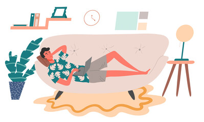 A man freelancer lying down on cozy sofa and working using laptop. Concept of remote work from home. Flat design Illustration. Vector.