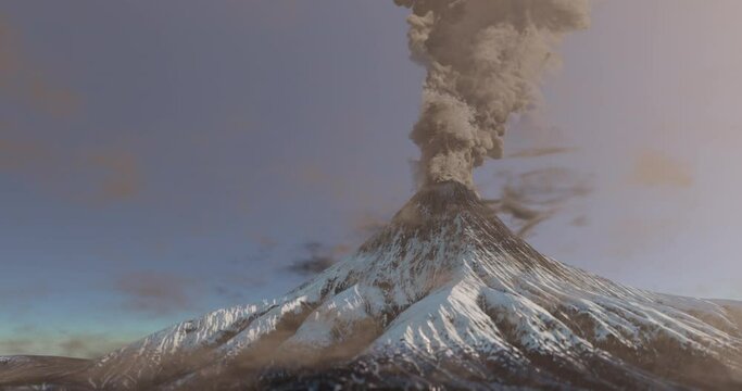 Snowy mountain volcano eruption with smoke cloud over the top