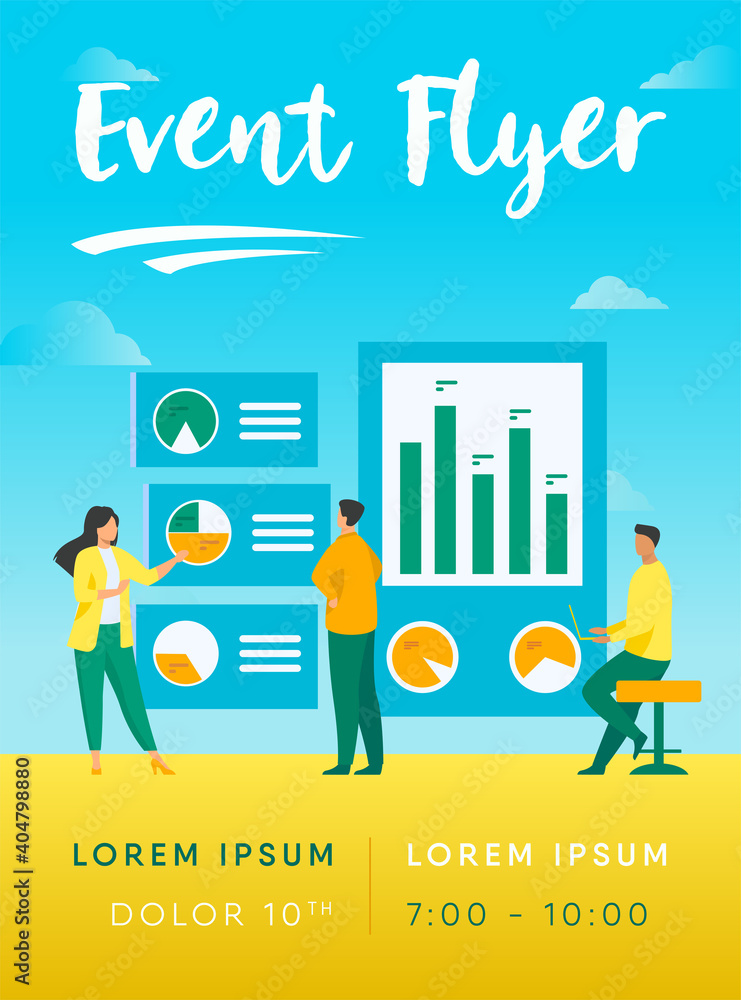 Poster office workers analyzing and researching business data vector illustration. marketing analysts devel