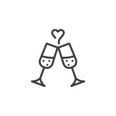 Champagne glasses cheers line icon. linear style sign for mobile concept and web design. Champagne glasses and heart outline vector icon. Symbol, logo illustration. Vector graphics