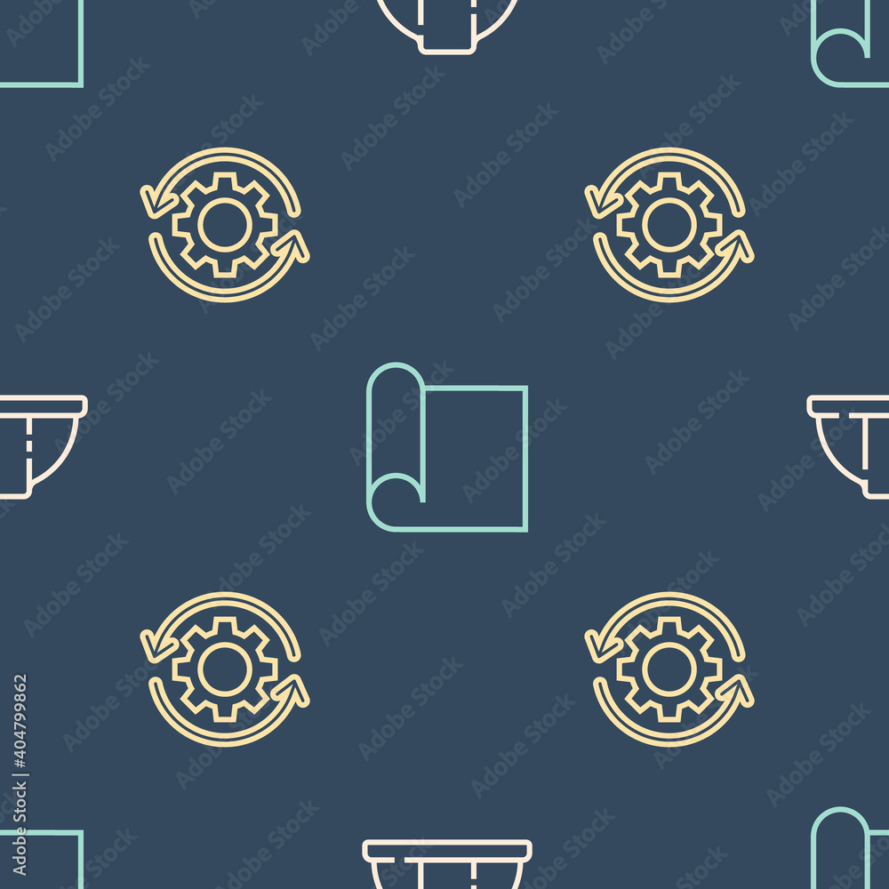 Poster set line worker safety helmet, gear and arrows as workflow and graphing paper for engineering on sea