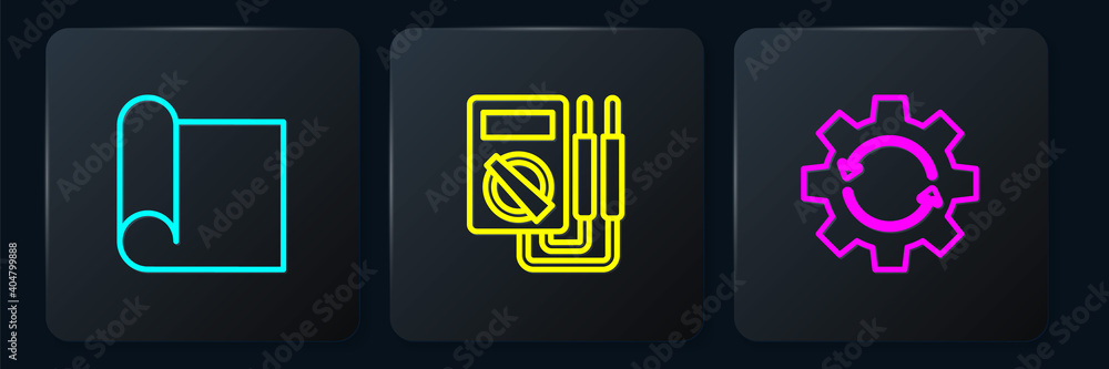 Poster set line graphing paper for engineering, gear and arrows as workflow and multimeter. black square bu