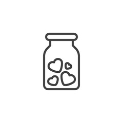 Mason jar with hearts line icon. linear style sign for mobile concept and web design. Valentine's Day hearts jar outline vector icon. Symbol, logo illustration. Vector graphics