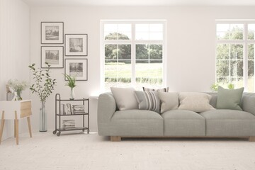 White living room with sofa. Scandinavian interior design. 3D illustration
