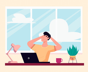 Young freelancer man working at laptop and take a time for the rest. Concept of video conference, online meeting and remote work from home. Flat design Illustration. Vector.