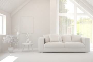 White minimalist living room with sofa. Scandinavian interior design. 3D illustration