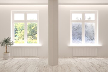 Obraz na płótnie Canvas White empty room with summer and winter landscape in window. Scandinavian interior design. 3D illustration