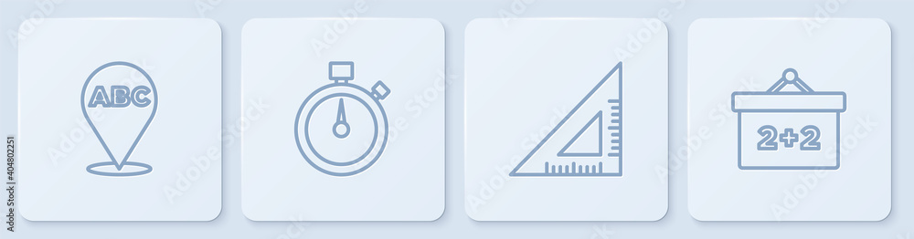 Poster set line alphabet, triangular ruler, stopwatch and chalkboard. white square button. vector.