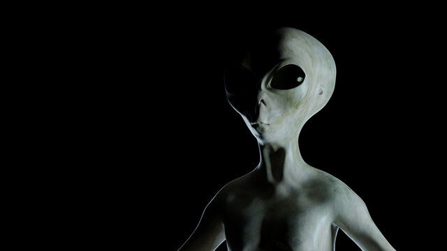 Spooky alien illuminated by light on black background. 3D rendered illustration.