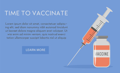 Banner or poster with capture time to vaccinate on blue background. Concept of Coronavirus jab vector illustration. Vaccine bottle and syringe injection of Covid 19 vaccination.  - obrazy, fototapety, plakaty