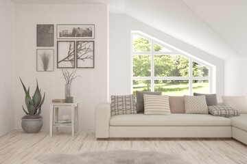 White living room with sofa and summer landscape in window. Scandinavian interior design. 3D illustration