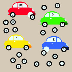 Spel voor een kind vroege Montessori-training. Repareer het autospel voor kinderen. De samenstelling van een getal leren.