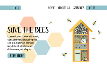 Save the bees. Bees fly around the bee hotel. Environment protection. Bright flat vector illustration. Perfect for landing page, banner design, web - 404804607