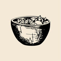 Vector hand sketch of a bowl with fruits. Retro illustration.