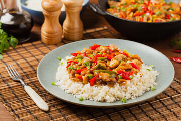 Chicken kung pao. Fried chicken pieces with peanuts and peppers.