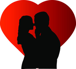 Kissing couple in love. Silhouette on the background of the heart. Valentine's Day. Vector illustration.
