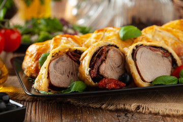 Baked sirloin in puff pastry.