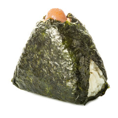 onigiri triangle sushi ball with rice wrapped nori seaweed and caviar isolated on white background, Asian food
