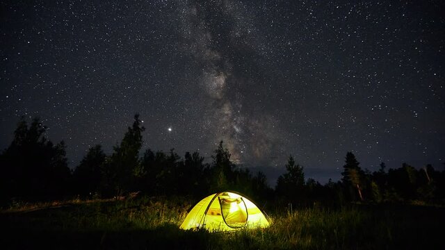 Timelapse of Milky Way Galaxy Stars Over The Camping Tent in forest