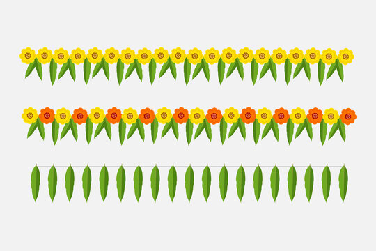 Indian garland of flowers and leaves. Religion festive holiday decoration. Vector illustration isolated on white 