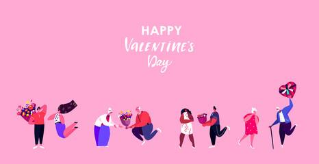 St Valentine Day Greeting Card.Young,Elderly Couples Celebrate Holiday.Men give a Bouquets of Flowers,Gifts to Women,Girlfriends for St Valentine's Day.Loving Romantic People. Flat Vector Illustration