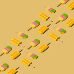Colorful sunlit popsicles pattern on a pale yellow background. Minimal summer layout.
