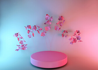 Obraz na płótnie Canvas 3d render, abstract pink background with spring flowers, luxury minimal fashion design. Shop showcase product display, empty podium, vacant pedestal, round stage. Blank poster mockup