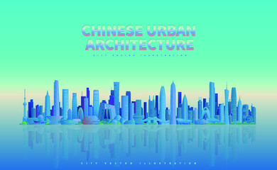 Vector illustration of Chinese city landmark buildings