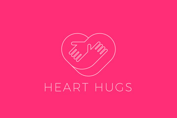 Heart Love Hugs Logo Hugging Hands design vector template Linear style. Valentines day Romantic dating Charity Donation Logotype concept icon.