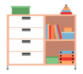 Childrens chest of drawers with plush toys isolated on white background. A commode for medical manipulations and storage of necessary items. Shelves with books and boxes. Furniture for medical office