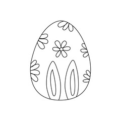 Easter egg decorated with flowers and bunny ears. Traditional food for the Orthodox and Catholic holidays. Happy easter. Black and white doodle vector illustration isolated. Icon or card