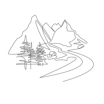 Mountain landscape, drawn in one line. Continuous line. Travels.