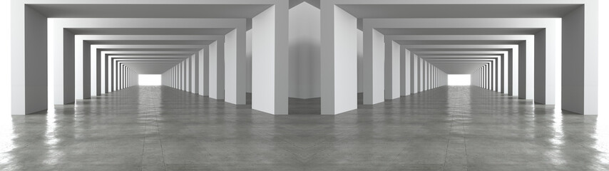 3D rendering of Empty space concrete room and the pathway area indefinitely with the gap and glowing light. Museum space design, the rhythm of the square frame and the gap, Geometric structure.