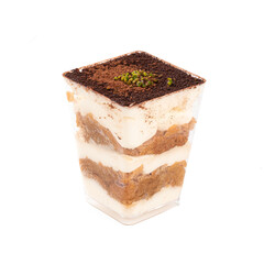 Isolated tiramisu dessert in a cup on the white background